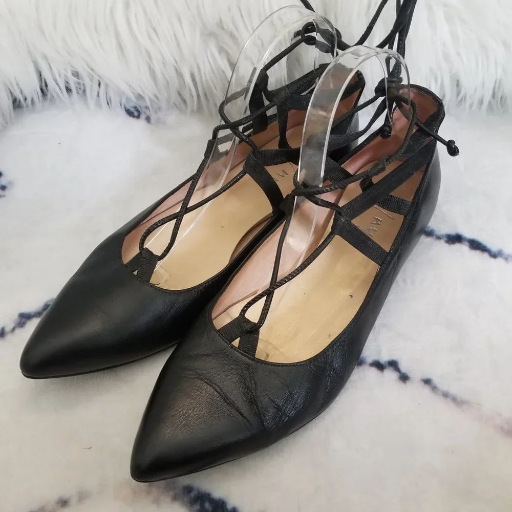 FS/NY FSNY Black Leather Lace Up Flats Ballet Ballerina 10 B - Picture 4 of 12